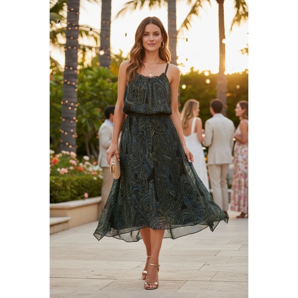 Ramy Brook Midi Dress XS Teal Blue Smocked Waist Handkerchief Hem Boho Resort